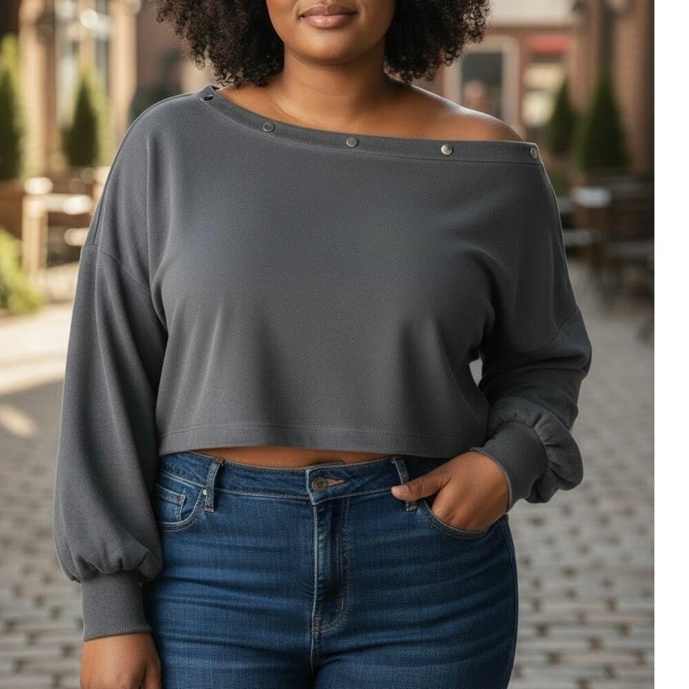 Jennifer Lopez Off-Shoulder Snap Asymmetrical French Terry Sweatshirt Cropped L